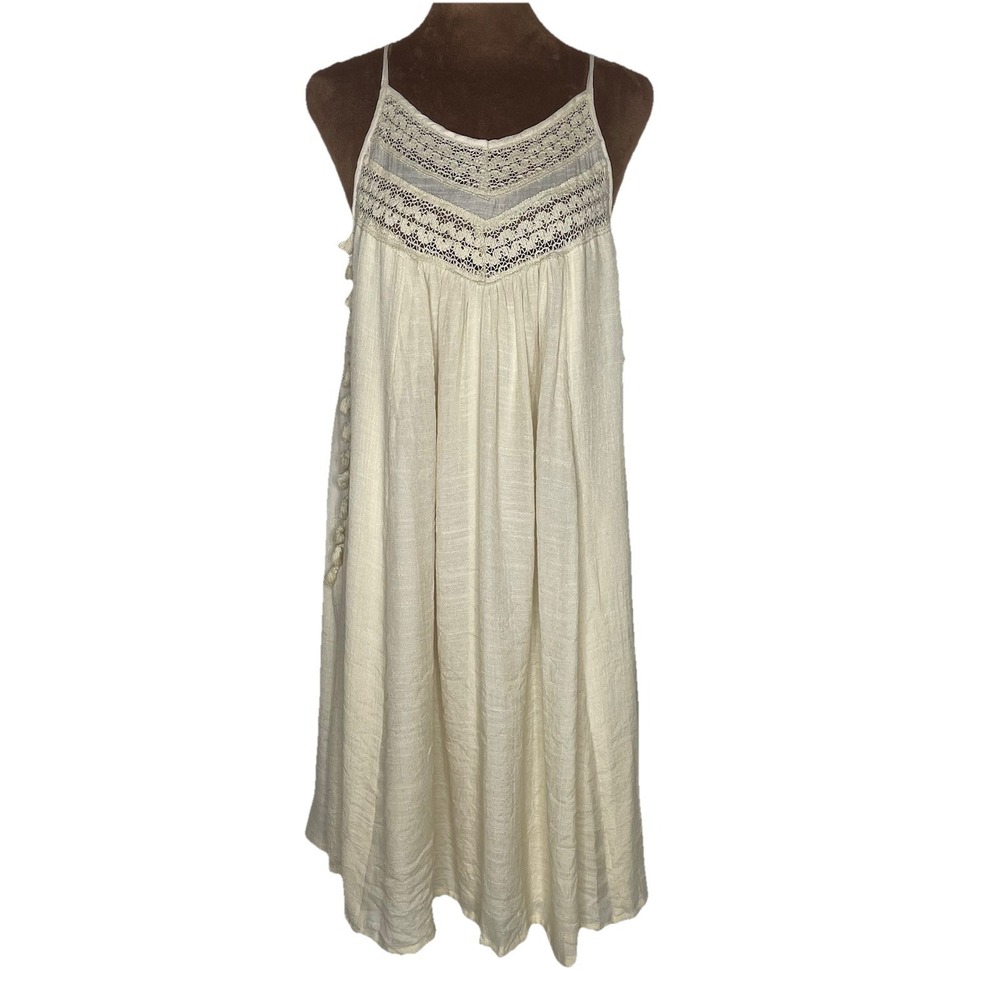 Mittoshop Trapeze Dress Cream Lace-Tie Back Tassels-Boho Y2K Festival-Sz M
